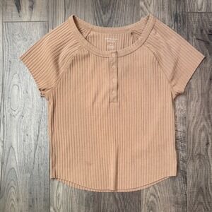 American Eagle Ribbed Henley Crop Top Tan Beige Short Sleeve Women's L G‎